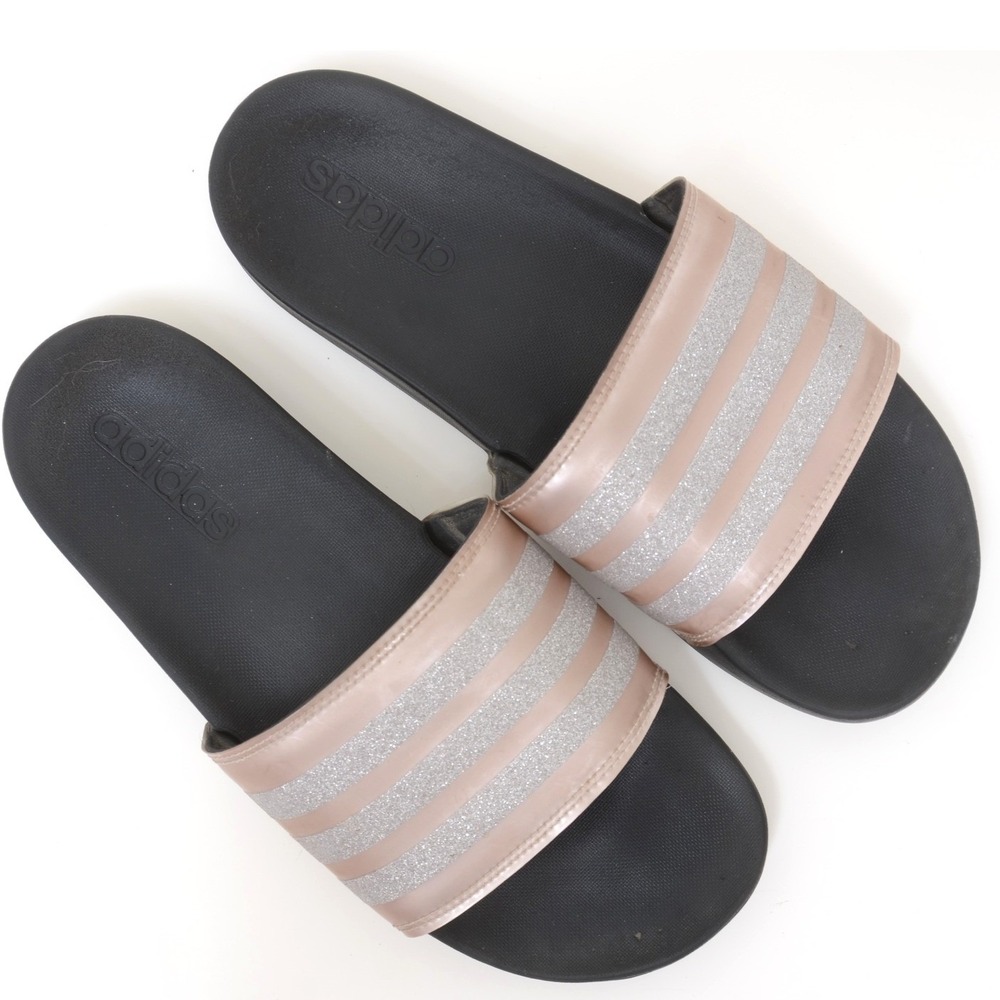 Adidas Women's 8 Pink Metallic Sparkle Footbed Slides Sandals